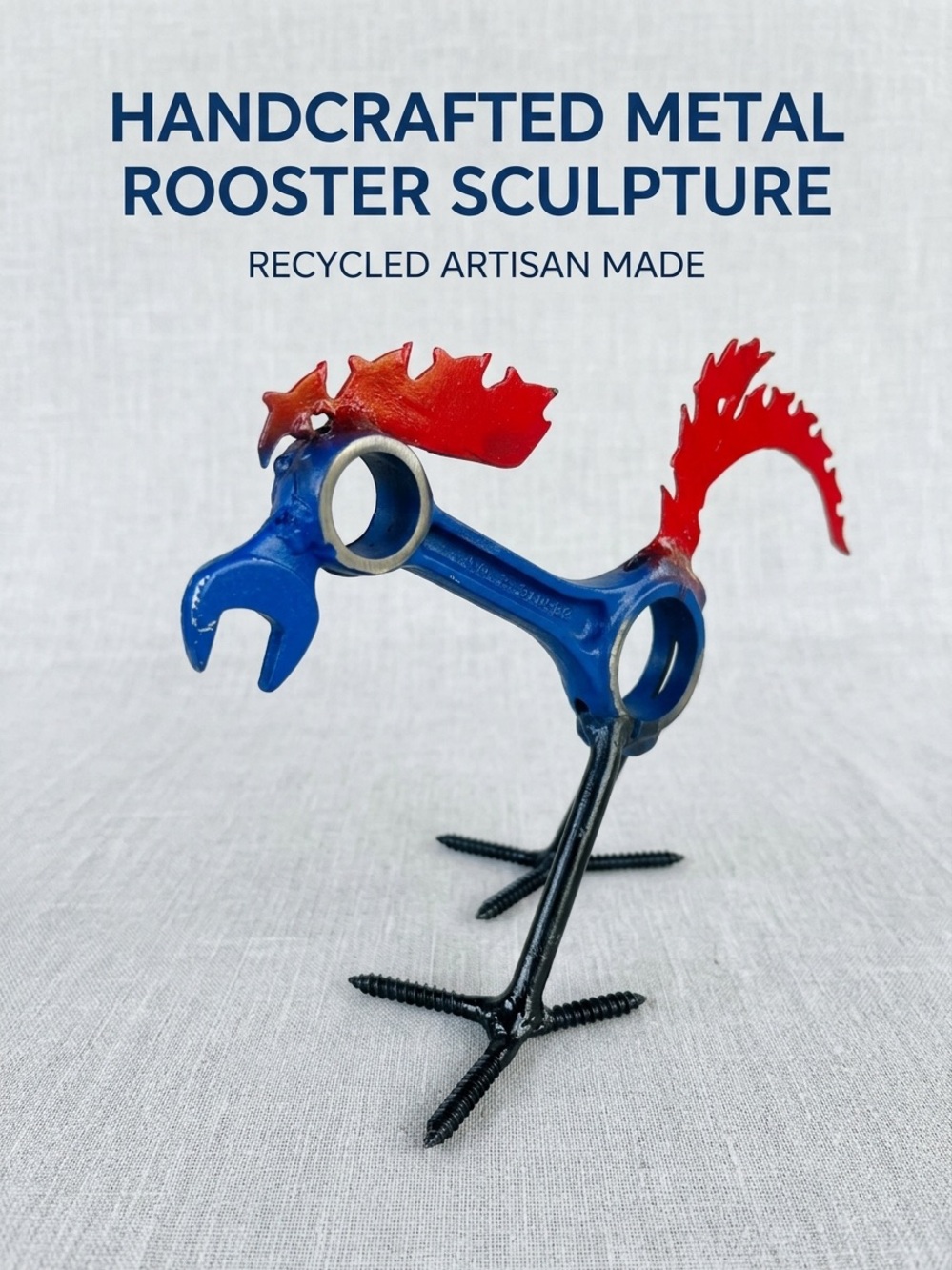 Handcrafted Metal Rooster Sculpture Recycled Artisan Made